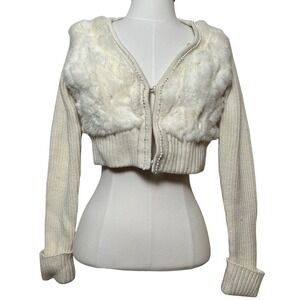 Vintage Rabbit Fur Trim Wool Cropped Cardigan Rhinestone Knit Glam Ivory White M
